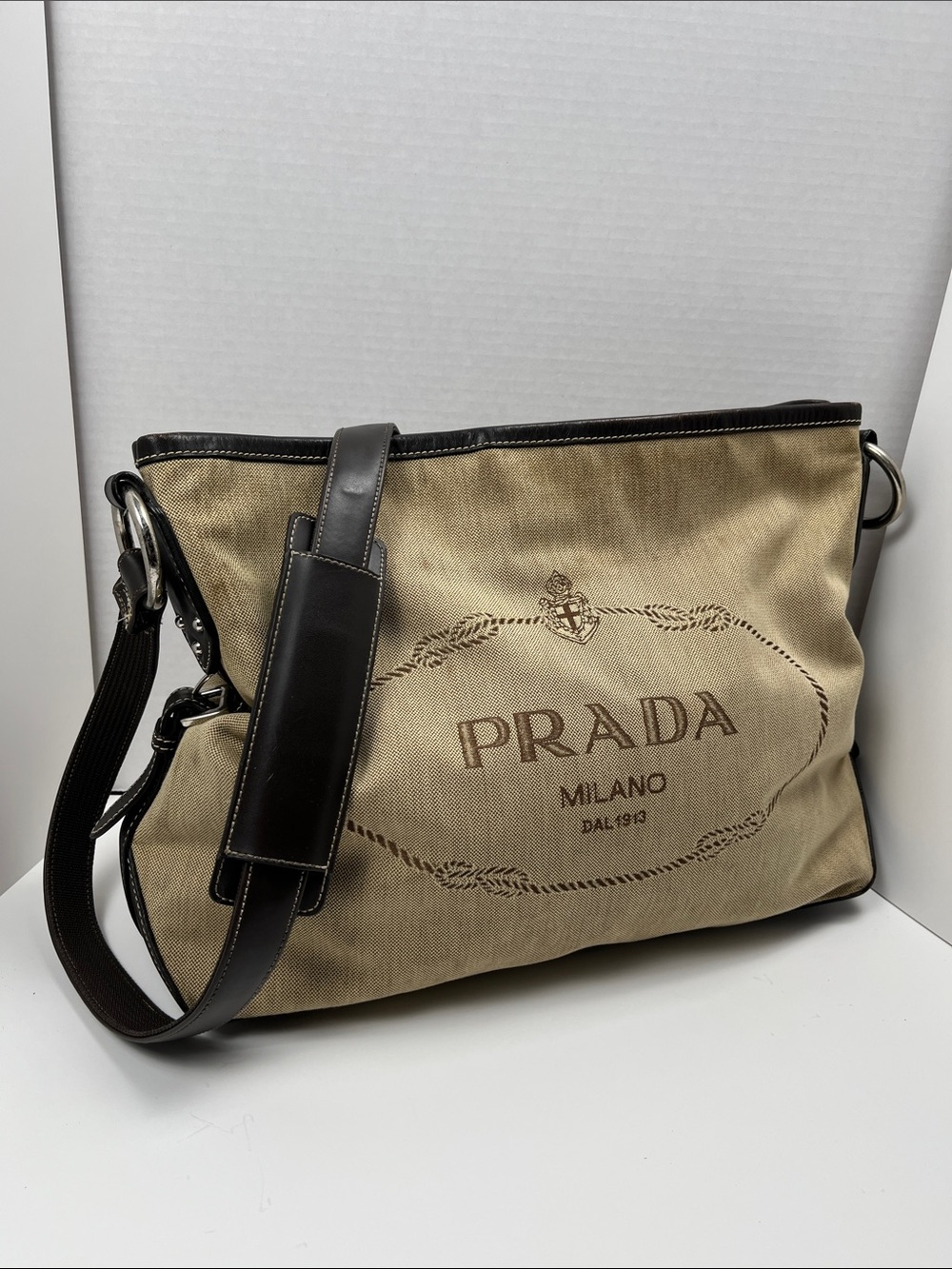 Prada Vintage Logo Jacquard Corda Brown Leather Lampo Crossbody Shoulder Bag Y2K